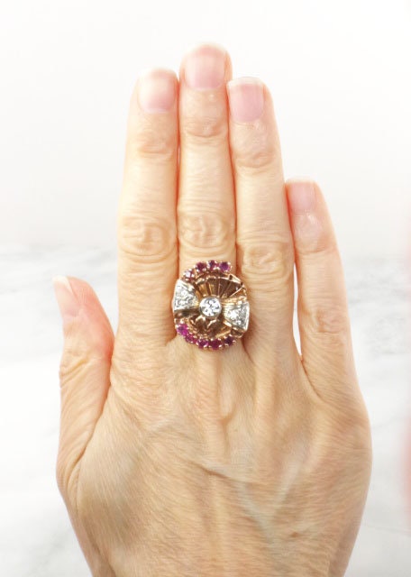 Vintage 14k Rose Gold Diamond & Ruby Bow Ring - 1940s Retro Statement Ring