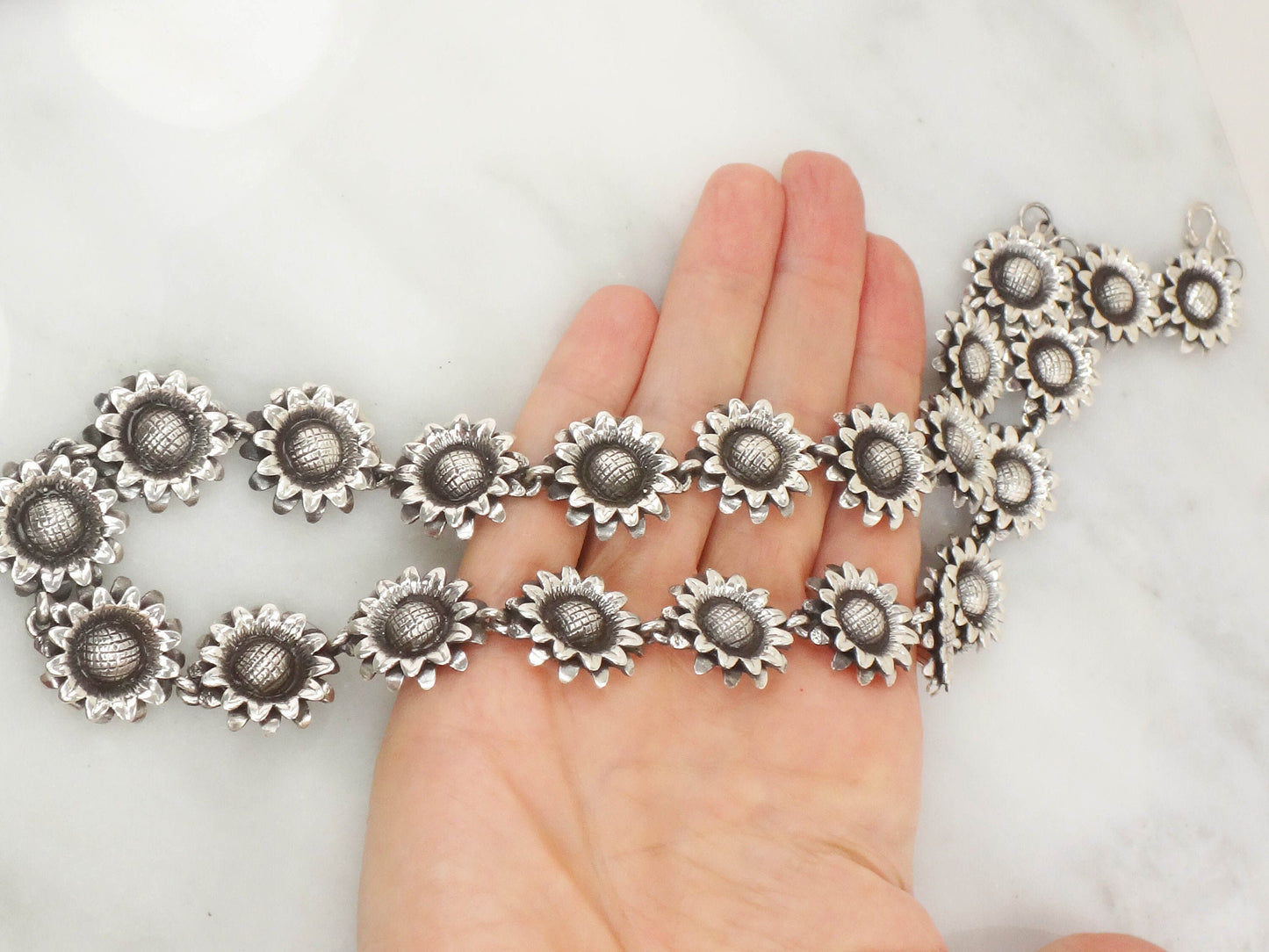 Silver Sunflower Necklace - Vintage Bold Floral Heavy Sterling Jewelry - 19"