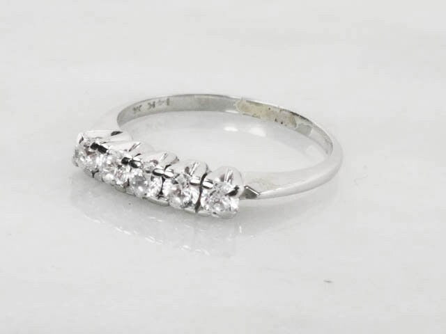 Vintage 14k White Gold Cubic Zirconia Wedding Band Five Stone Wedding Ring Stacking Ring Size 8