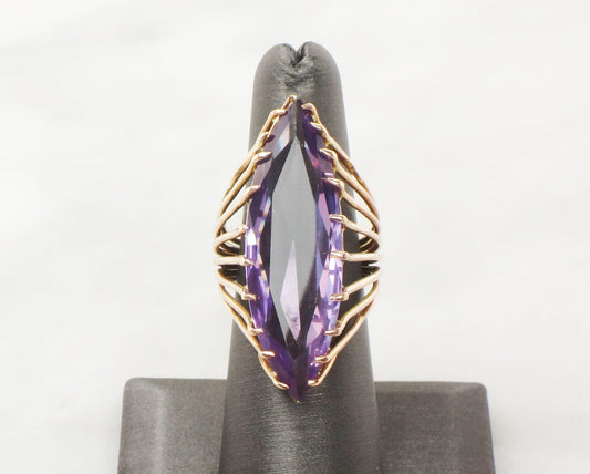 Vintage 14k Yellow Gold Purple Sapphire Marquise Statement Ring, Size 7