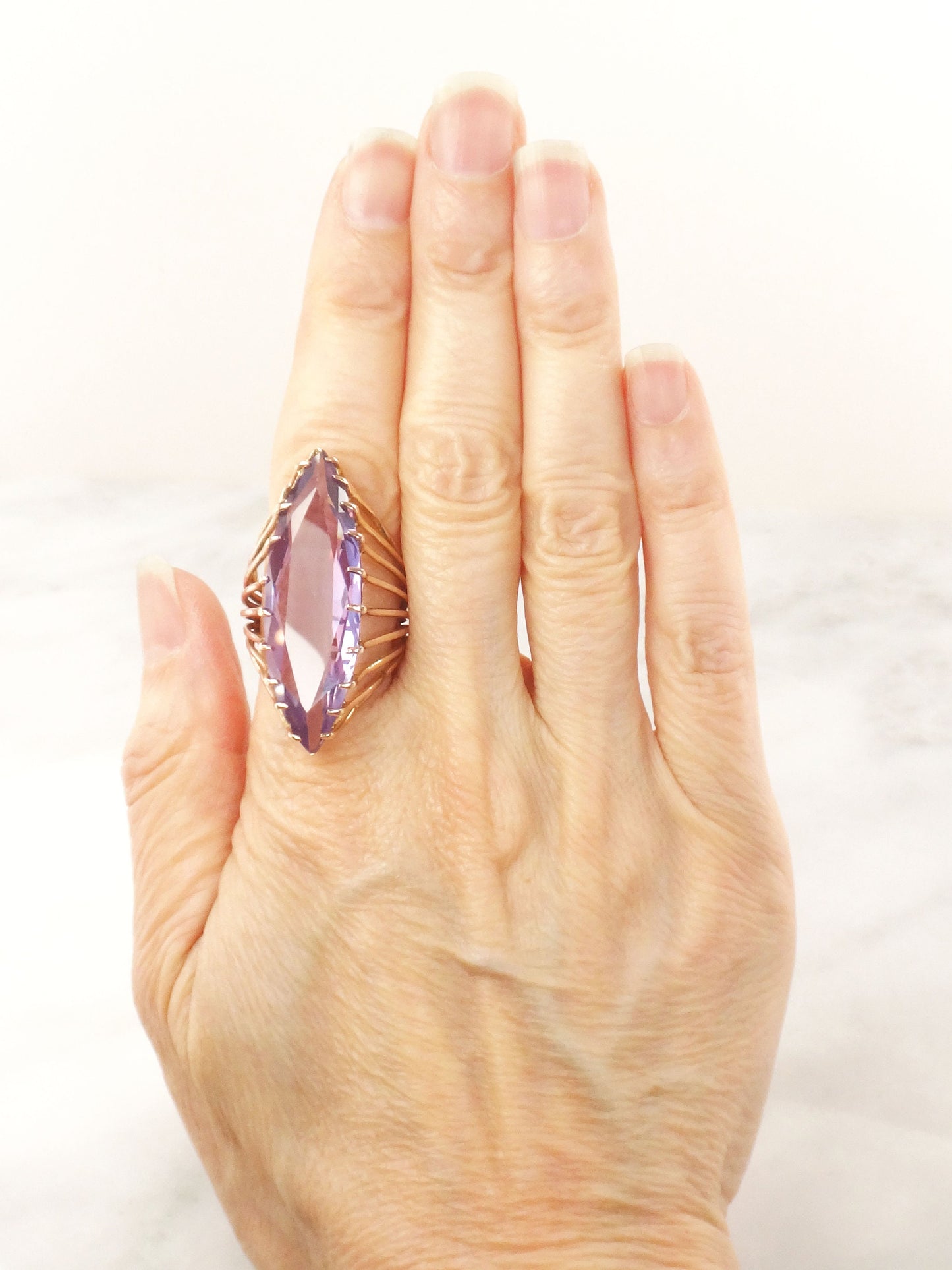 Vintage 14k Yellow Gold Purple Sapphire Marquise Statement Ring, Size 7