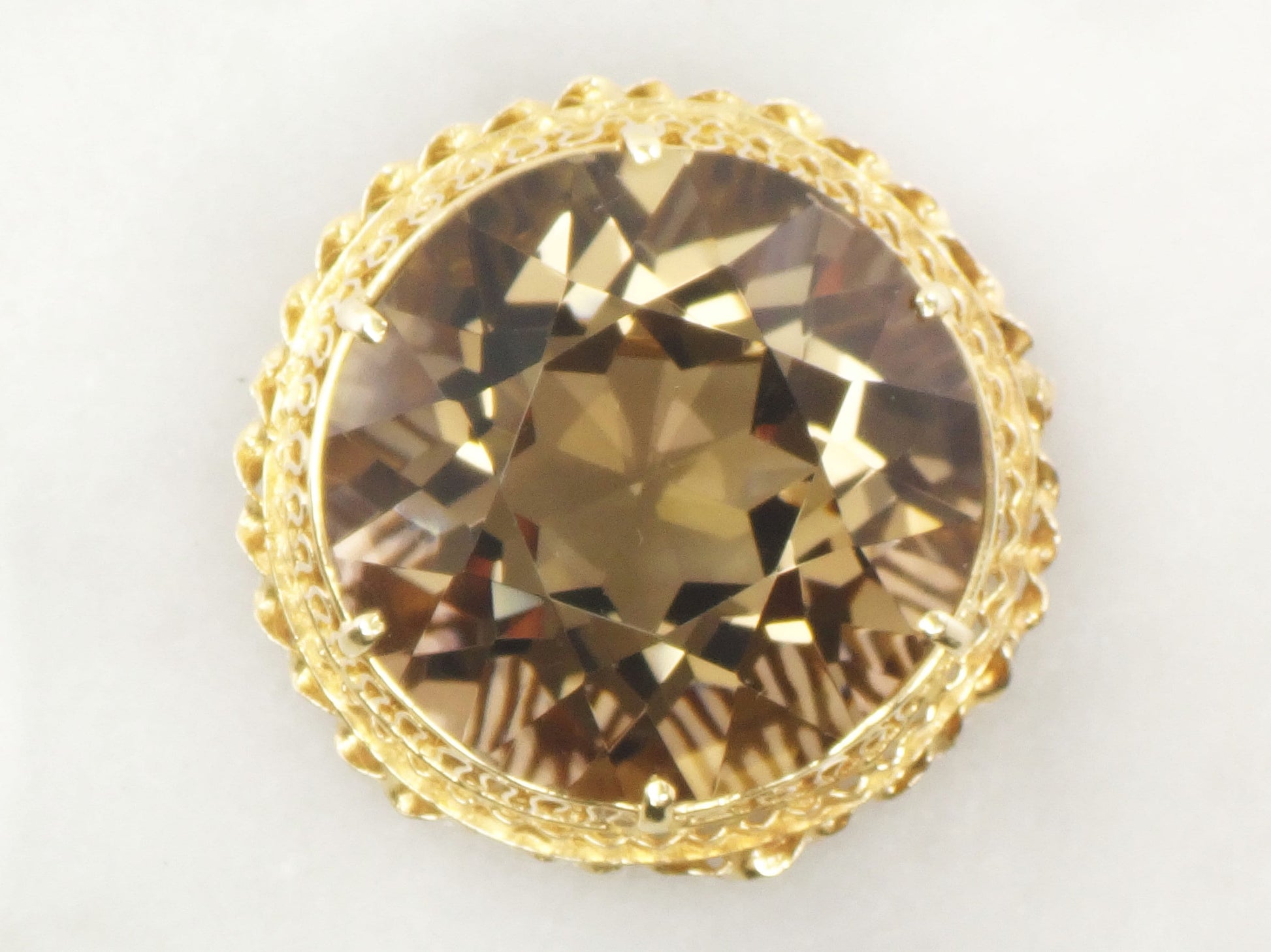 Vintage Large 14k Gold Round Smoky Citrine Quartz Pendant or Pin Approximately 80 Carats