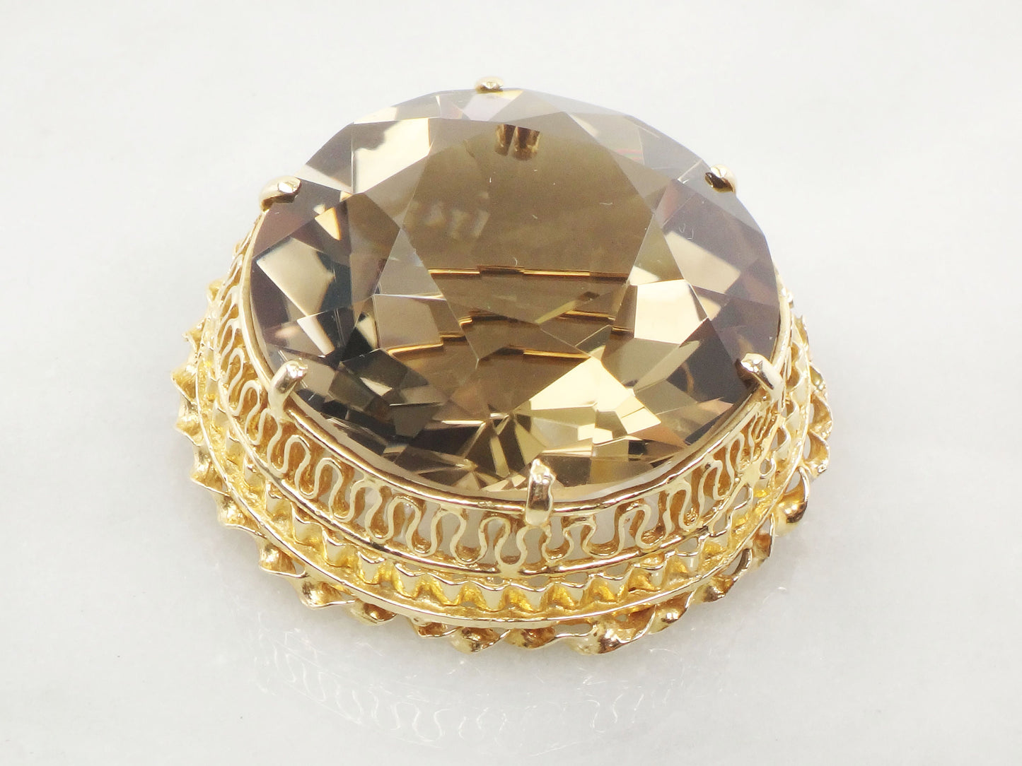 Vintage Large 14k Gold Round Smoky Citrine Quartz Pendant or Pin Approximately 80 Carats