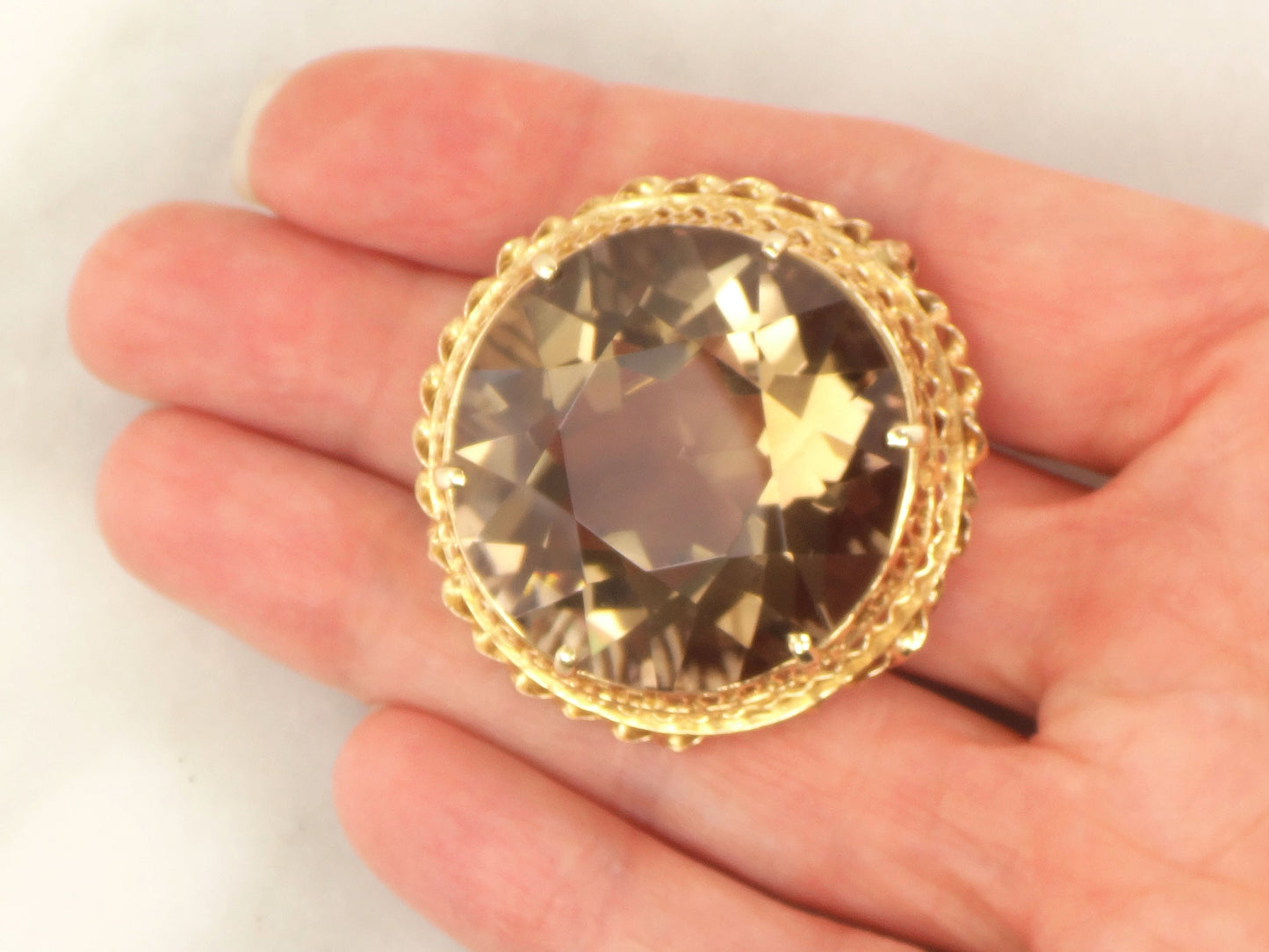 Vintage Large 14k Gold Round Smoky Citrine Quartz Pendant or Pin Approximately 80 Carats