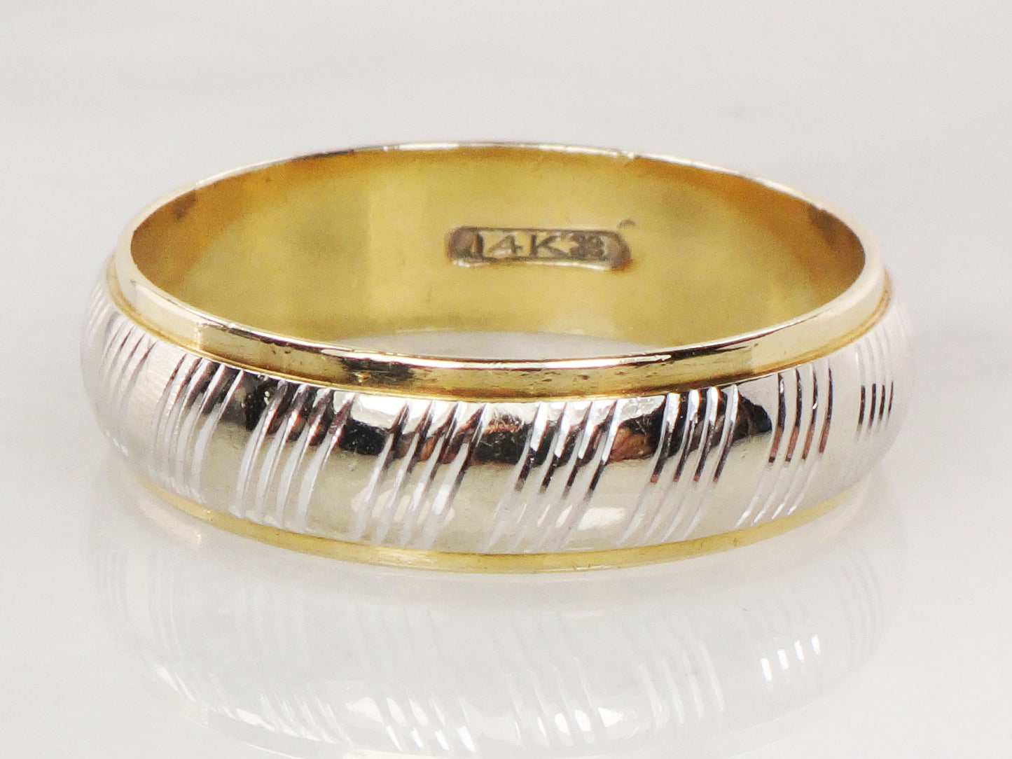 Vintage 14k Wedding Band 5.75 mm Wedding Band 14k Two Tone Gold Wedding Band Line Design Wedding Ring Size 10 Mens Wedding Band