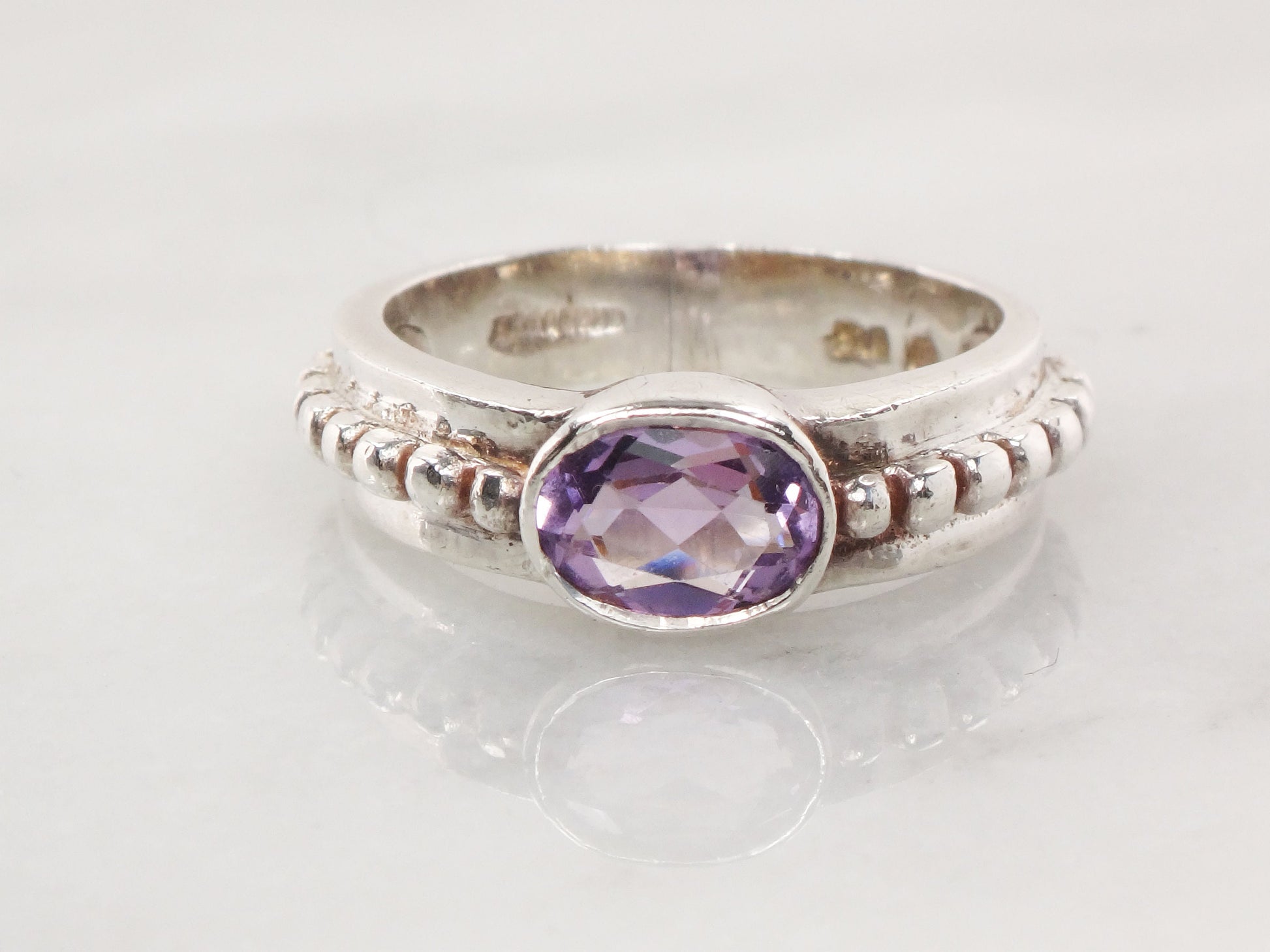 Vintage Sterling Silver Amethyst Ring - Sideways Oval Stone, Size 6