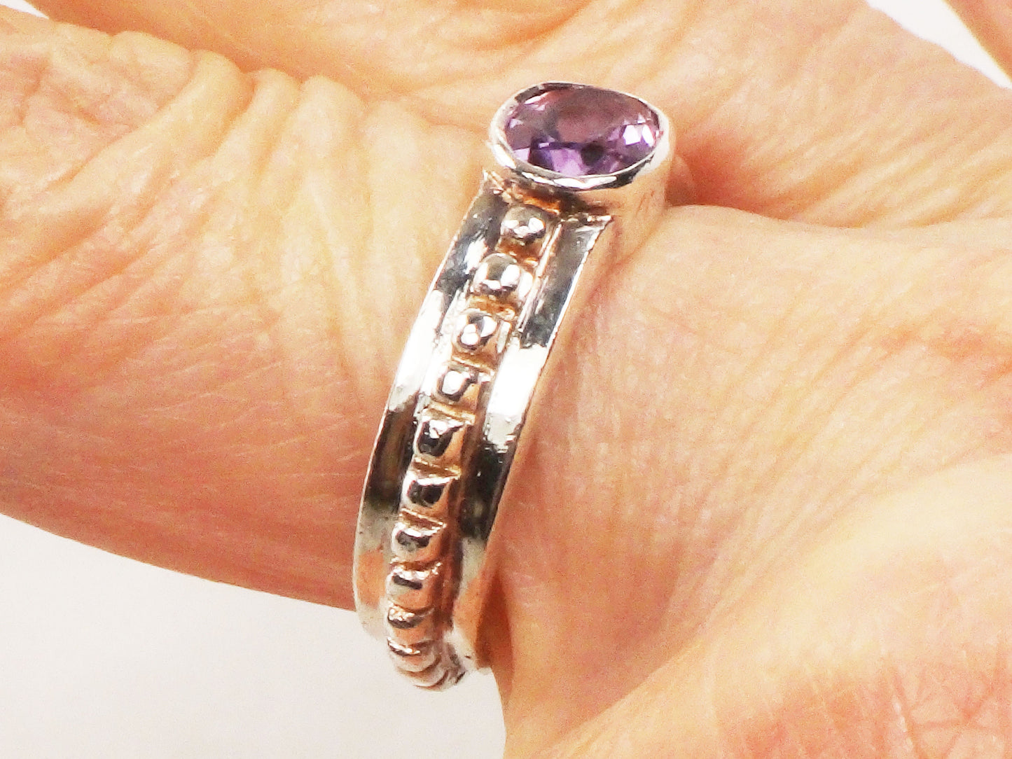 Vintage Sterling Silver Amethyst Ring, Purple Stone Stacking Ring, Sideways Amethyst Band, Size 6