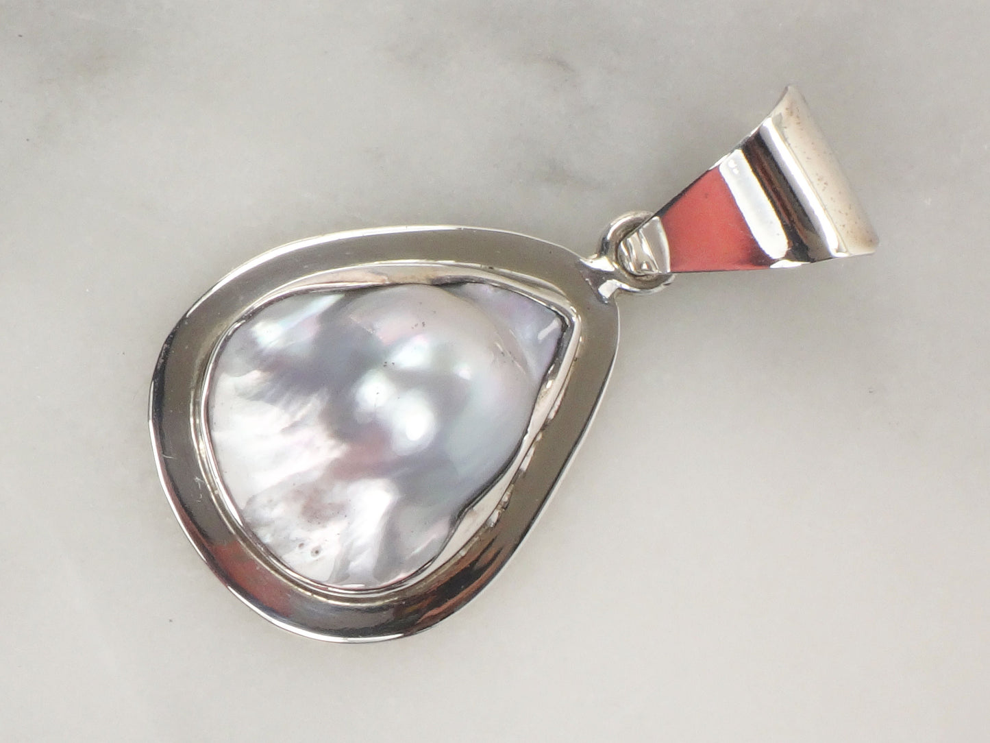 Vintage Large Sterling Silver Pearl Pendant Teardrop Shaped Gray Blister Pearl Pendant Mexio Sterling Pendant