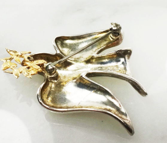 Vintage Sterling Silver 14k Gold Peace Dove Pin - BA Ballou Bird Brooch