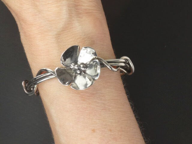 Vintage Sterling Silver Floral Cuff Bracelet Signed Dogwood Flower Twist Bracelet