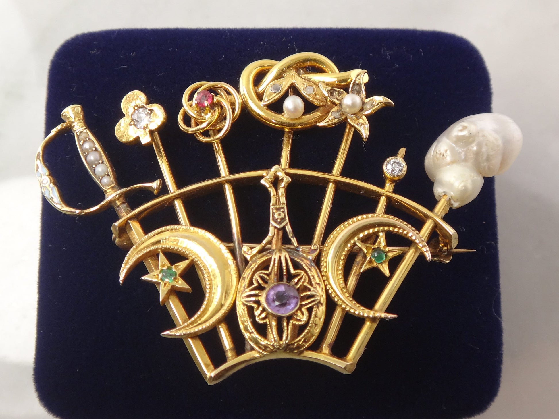 Vintage 14k Gold Stickpin Brooch: Diamond, Pearl, Enamel Moons & Stars