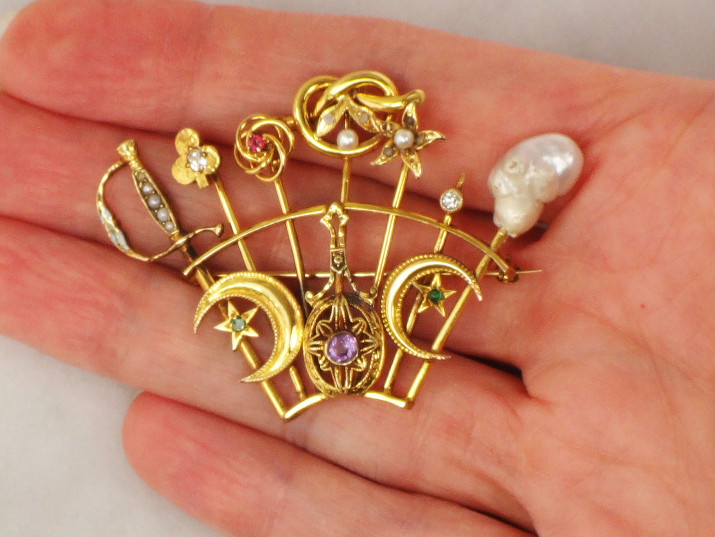Vintage 14k Yellow Gold Stickpin Brooch Pin with Diamonds Pearls Enamel Moons Stars Sword Clover Love Knot Flower