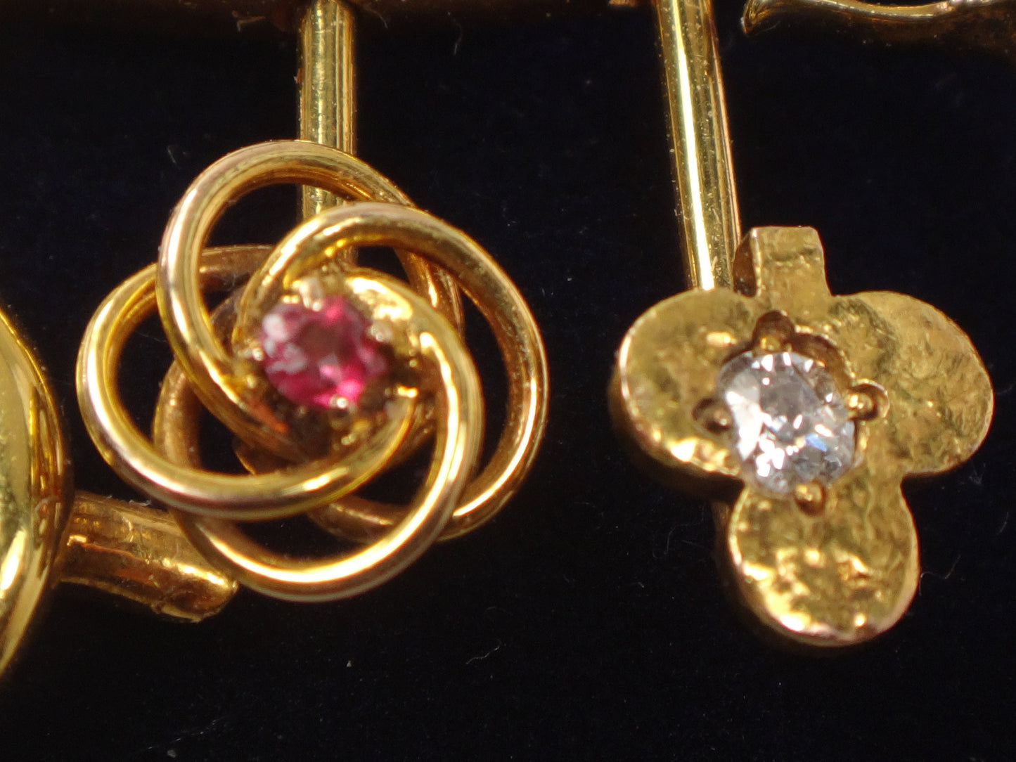 Vintage 14k Yellow Gold Stickpin Brooch Pin with Diamonds Pearls Enamel Moons Stars Sword Clover Love Knot Flower