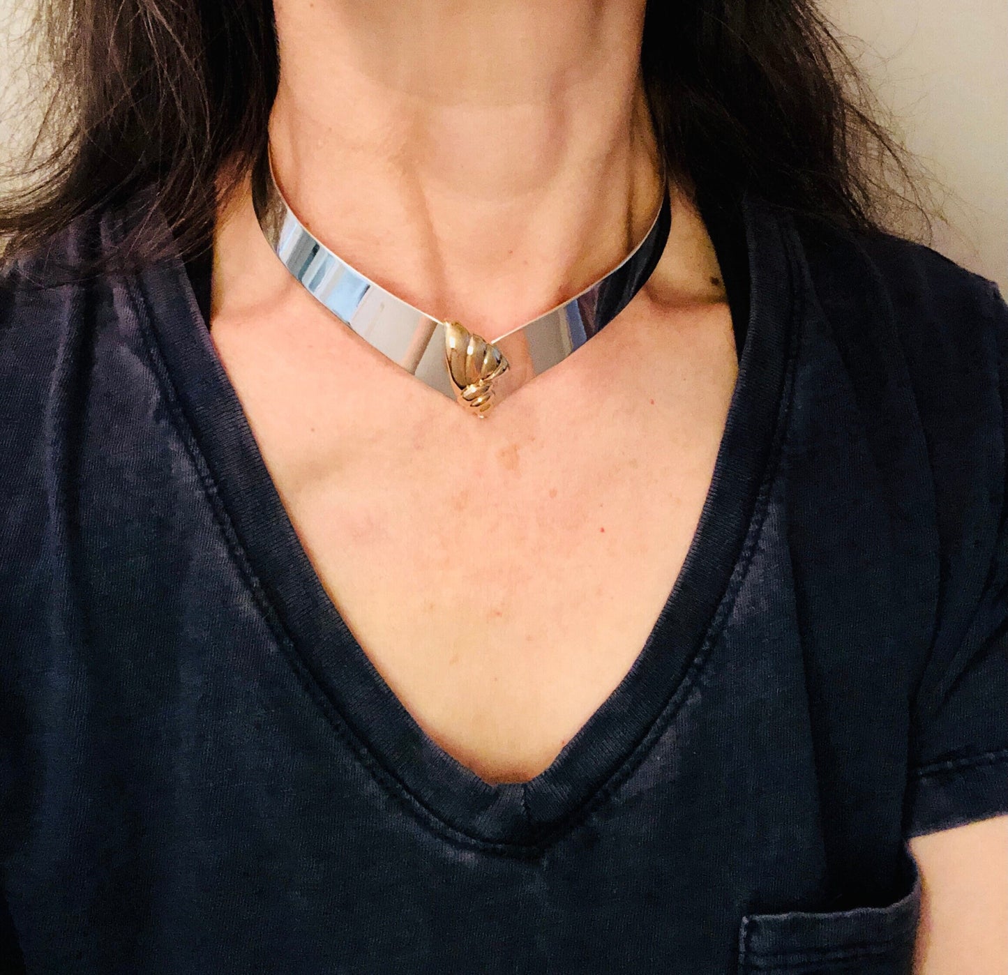 Vintage Sterling Silver and 14k Gold Shell Collar Necklace Mixed Metal Choker Wide Sterling Silver Sea Shell Necklace