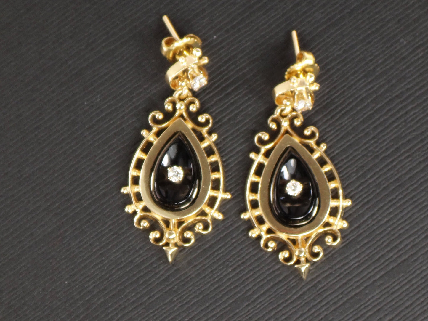 Vintage 14k Yellow Gold Black Onyx and Natural Diamond Dangle Earrings by Designer KGJ Kurt Goldschmidt
