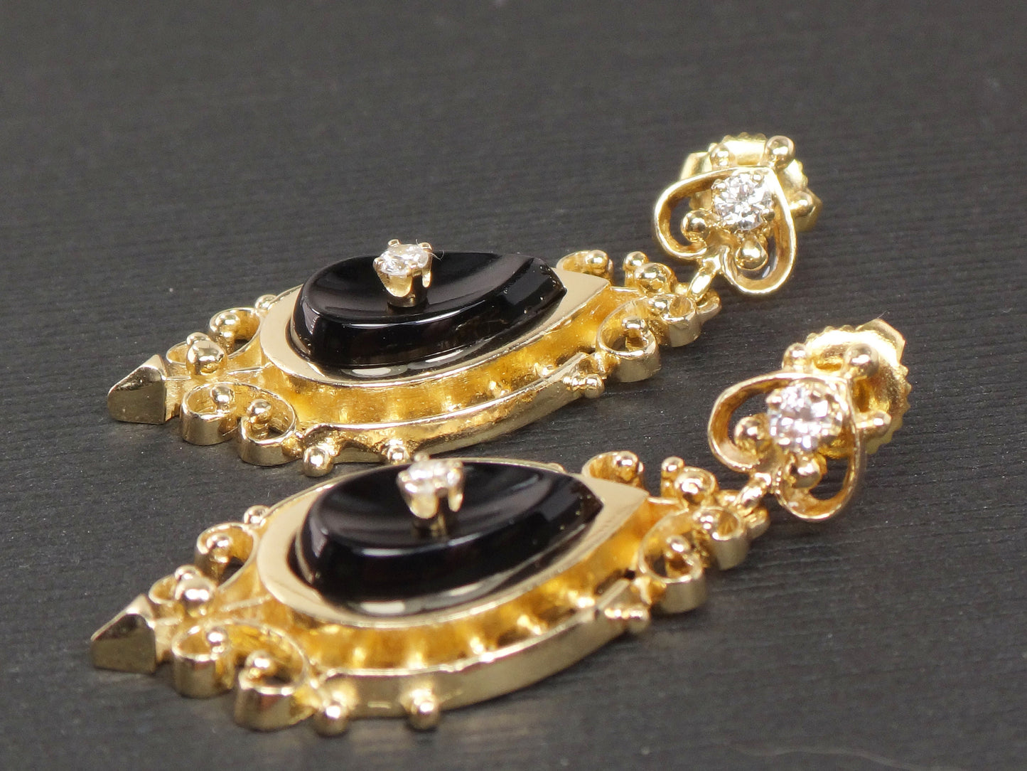 Vintage 14k Yellow Gold Black Onyx and Natural Diamond Dangle Earrings by Designer KGJ Kurt Goldschmidt