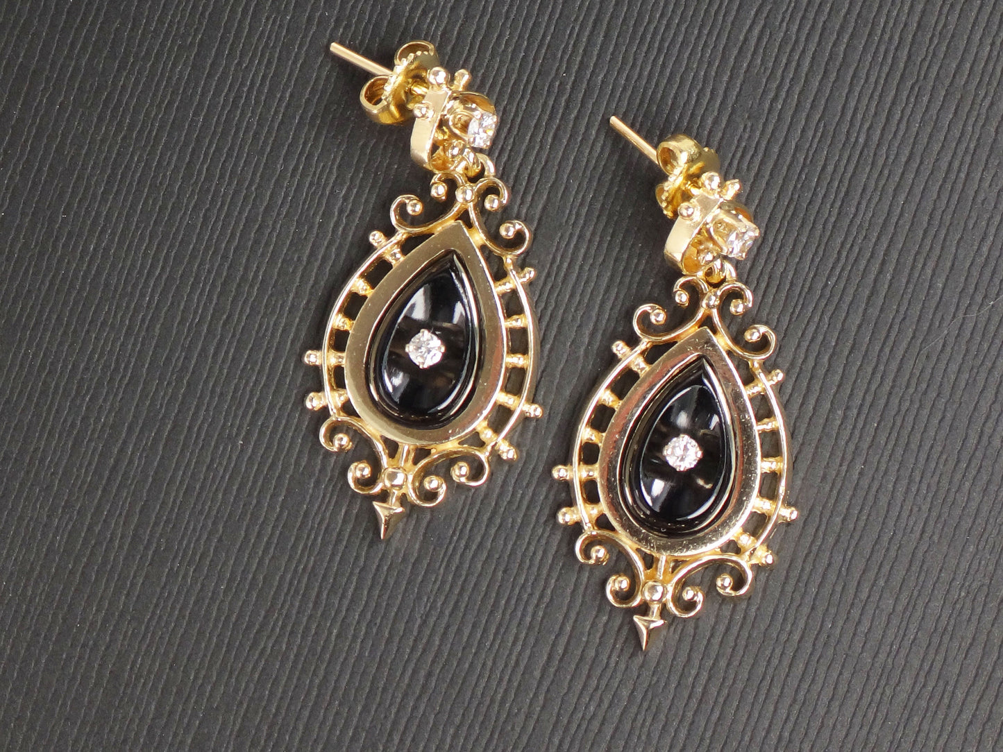 Vintage 14k Yellow Gold Black Onyx and Natural Diamond Dangle Earrings by Designer KGJ Kurt Goldschmidt