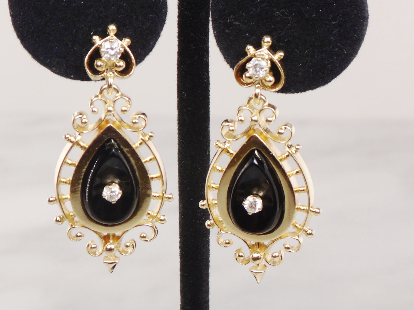 Vintage 14k Yellow Gold Black Onyx and Natural Diamond Dangle Earrings by Designer KGJ Kurt Goldschmidt