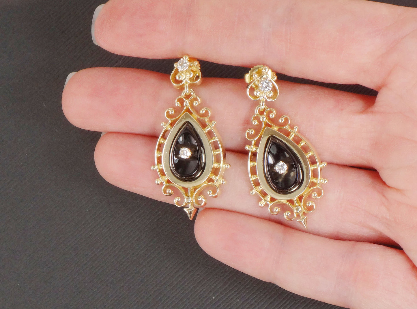 Vintage 14k Yellow Gold Black Onyx and Natural Diamond Dangle Earrings by Designer KGJ Kurt Goldschmidt
