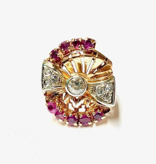 Vintage 14k Rose Gold Diamond & Ruby Bow Ring - 1940s Retro Statement Ring