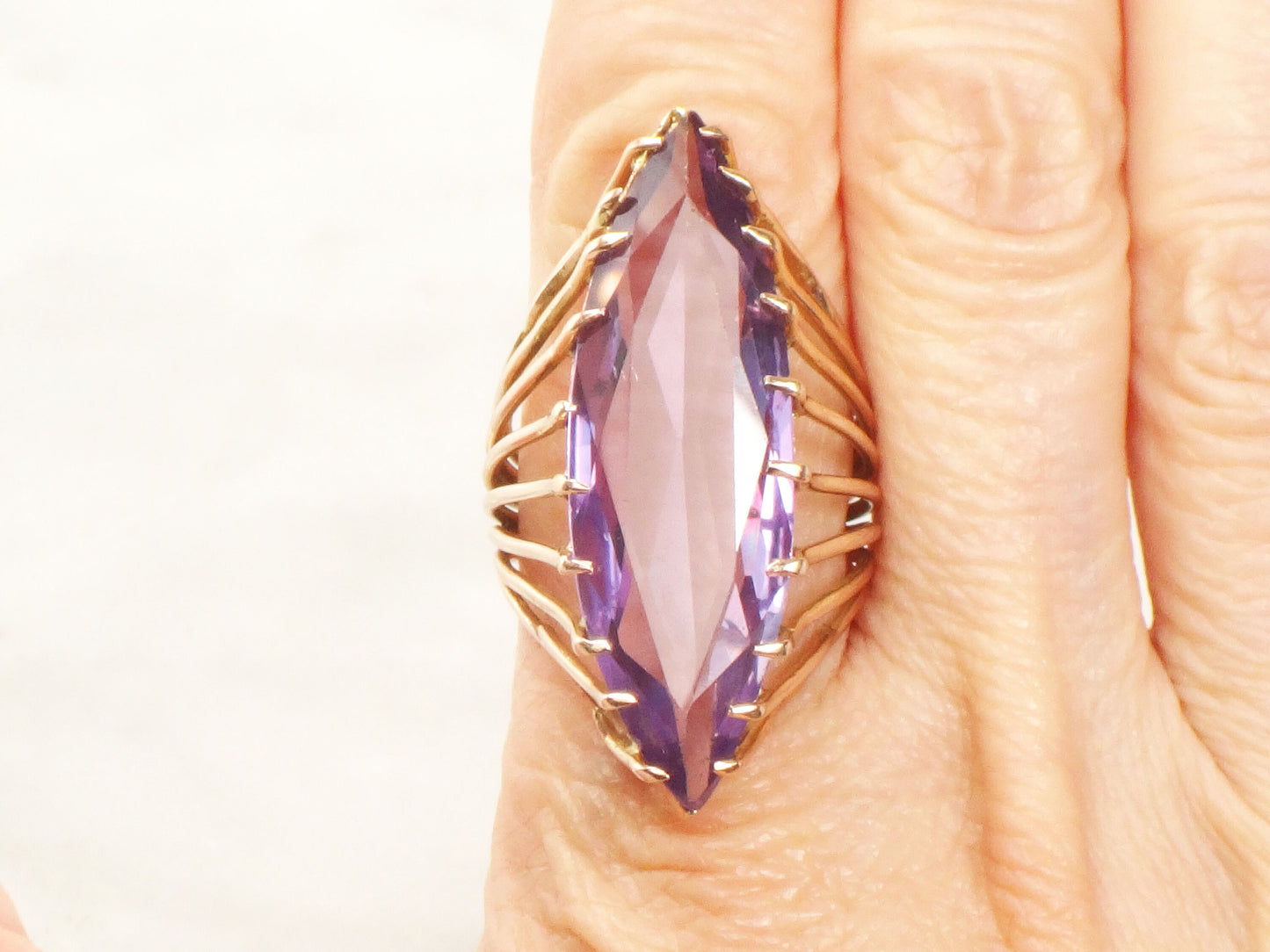 Vintage 14k Large Purple Sapphire Ring Yellow Gold Purple Stone Ring Marquise Cut Sapphire Ring Right Hand Ring Statement Ring Size 7