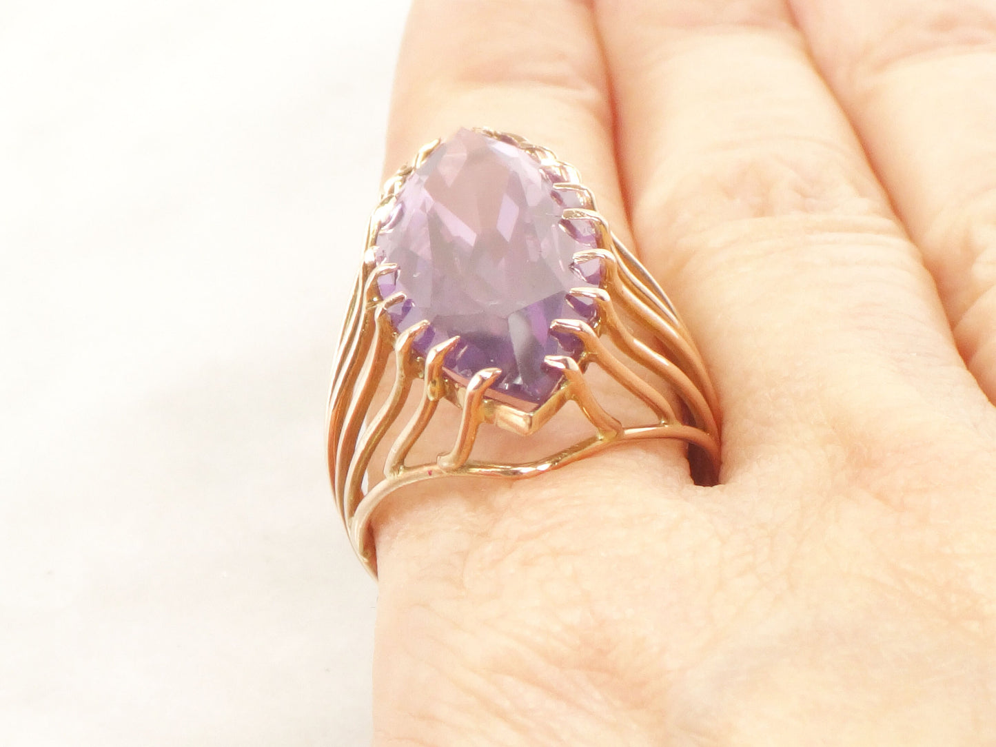 Vintage 14k Large Purple Sapphire Ring Yellow Gold Purple Stone Ring Marquise Cut Sapphire Ring Right Hand Ring Statement Ring Size 7