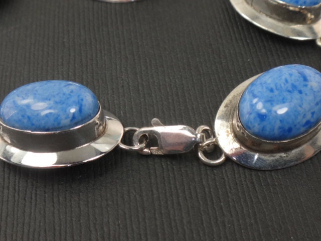 Vintage Sterling Silver Blue Stone Bracelet Signed RW Blue Adventurine ? Bracelet - 7 5/8"