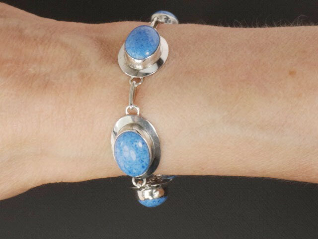 Vintage Sterling Silver Blue Stone Bracelet Signed RW Blue Adventurine ? Bracelet - 7 5/8"