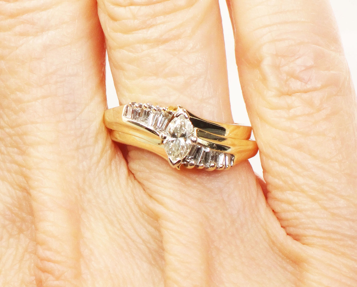 Vintage 14k Gold Marquise Diamond Wedding Ring Set, Size 6.25