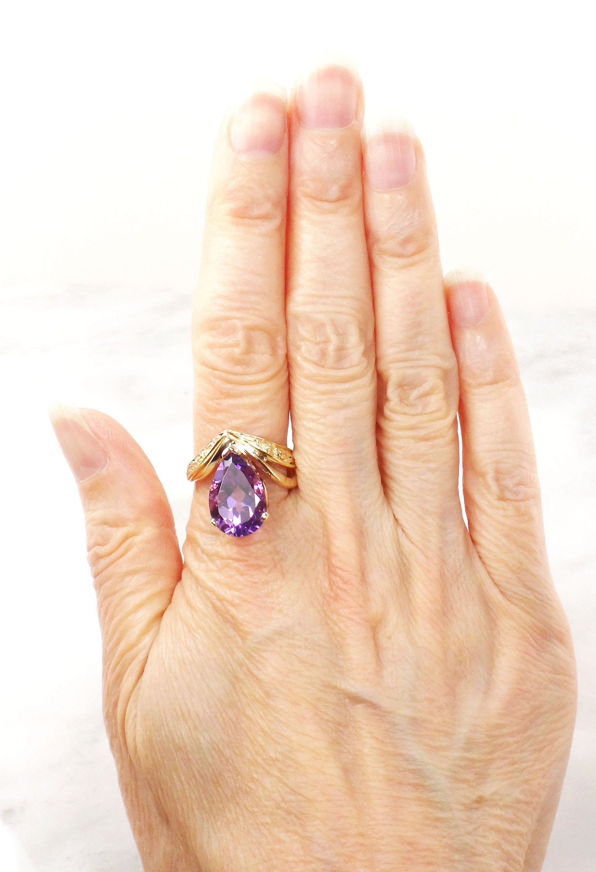 Vintage Kabana 10k Gold Amethyst Ring: Pear Cut Floral Design, Size 8.25