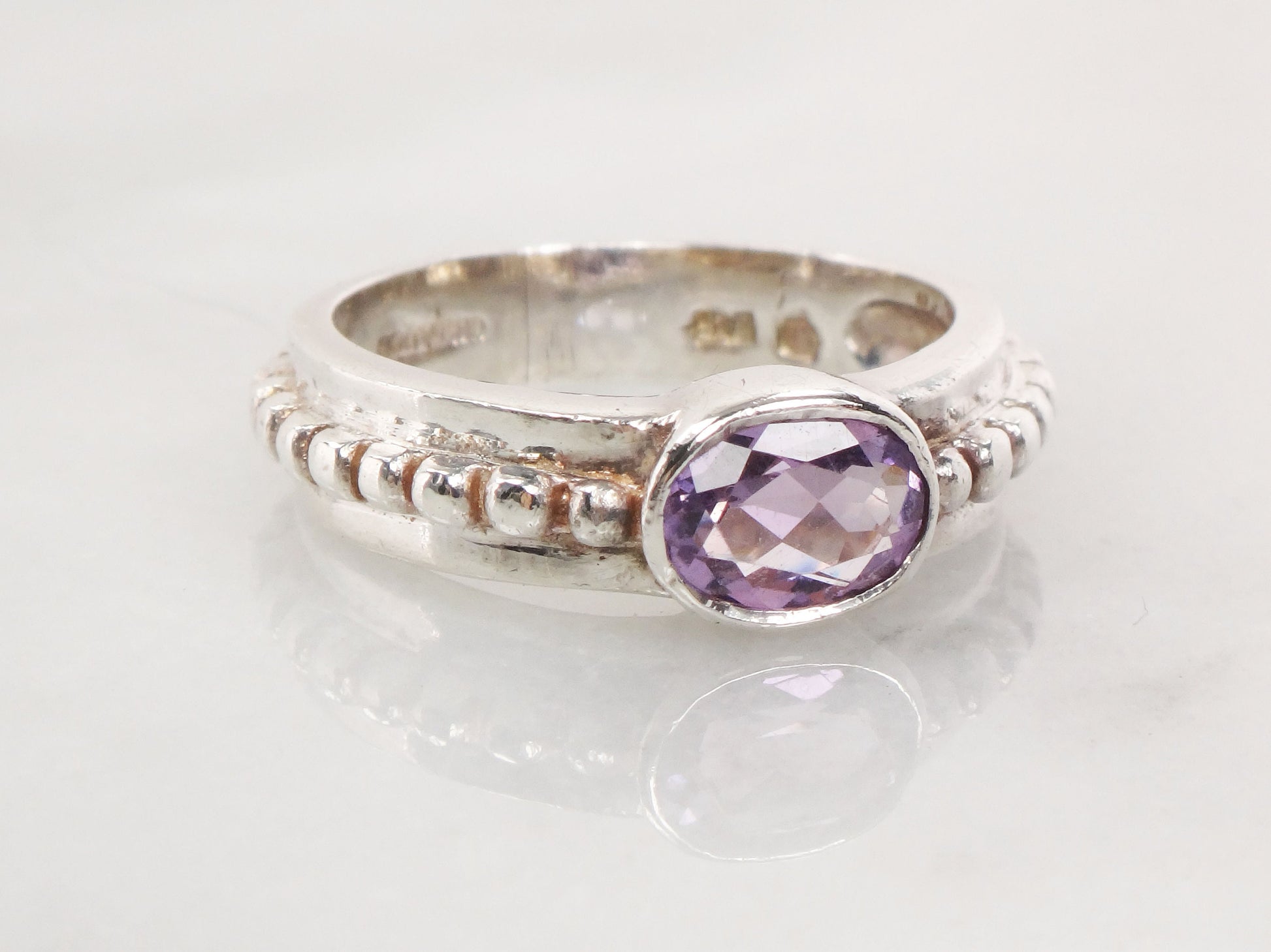 Vintage Sterling Silver Amethyst Ring - Sideways Oval Stone, Size 6