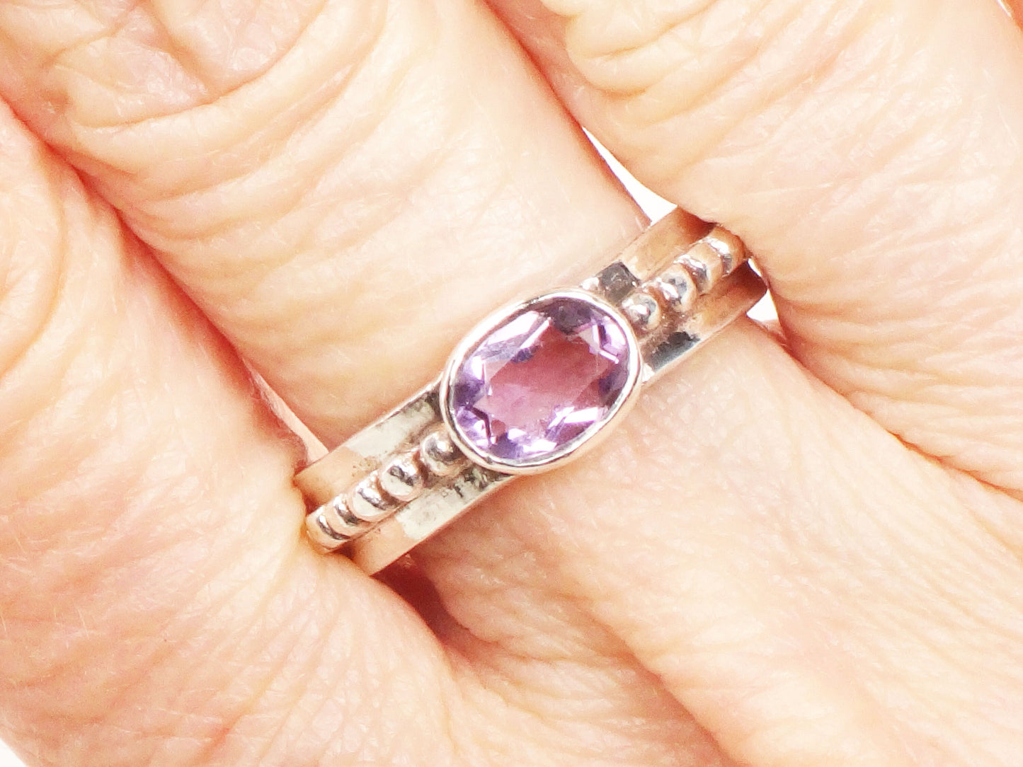 Vintage Sterling Silver Amethyst Ring, Purple Stone Stacking Ring, Sideways Amethyst Band, Size 6