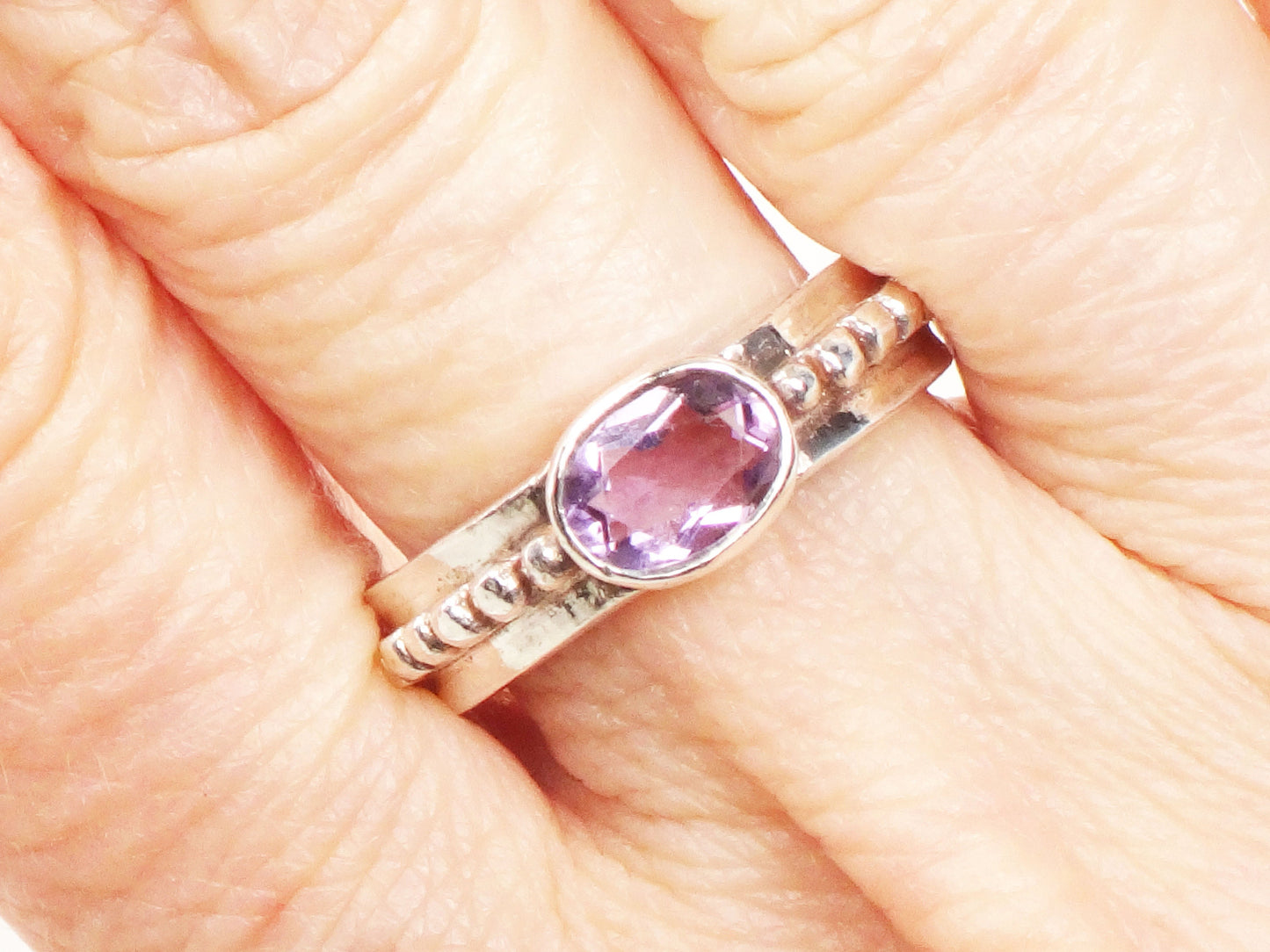Vintage Sterling Silver Amethyst Ring - Sideways Oval Stone, Size 6