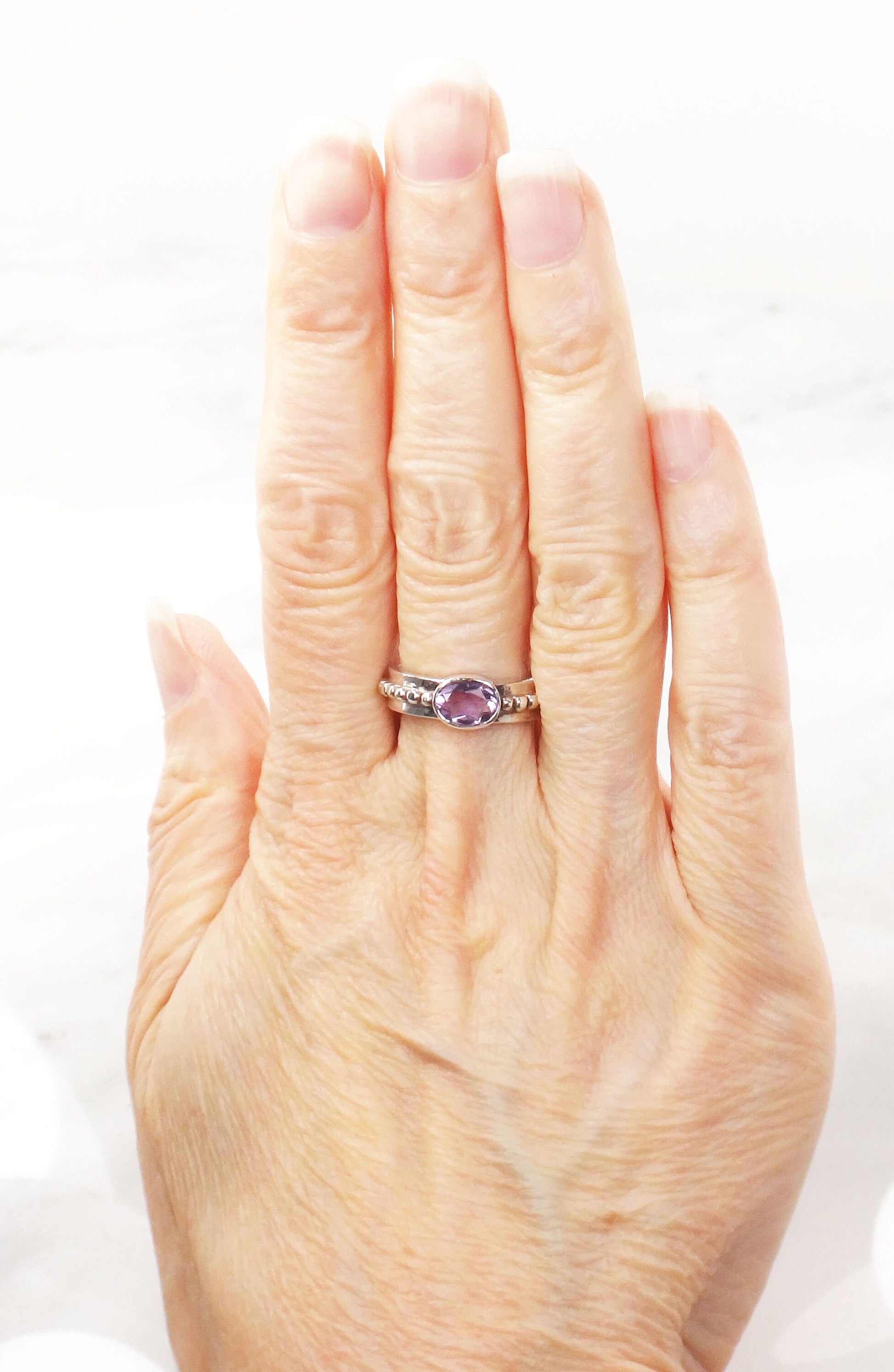 Vintage Sterling Silver Amethyst Ring - Sideways Oval Stone, Size 6