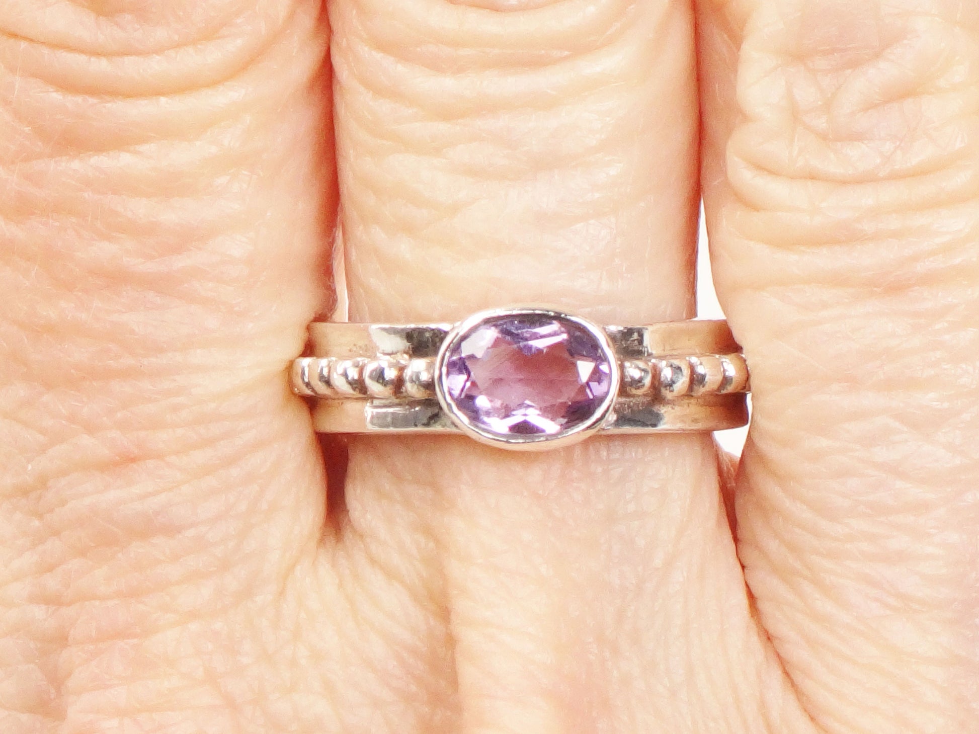 Vintage Sterling Silver Amethyst Ring - Sideways Oval Stone, Size 6