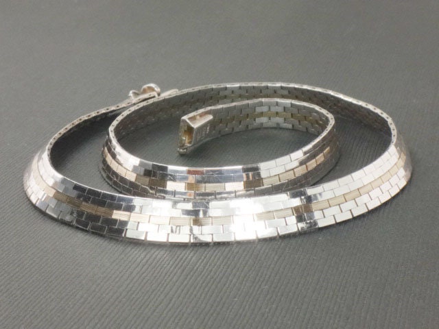 Vintage Two Tone Necklace: 14k Gold & Sterling Silver Flat Link Collar