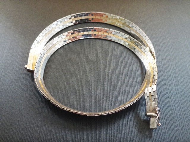 Vintage Two Tone Necklace: 14k Gold & Sterling Silver Flat Link Collar