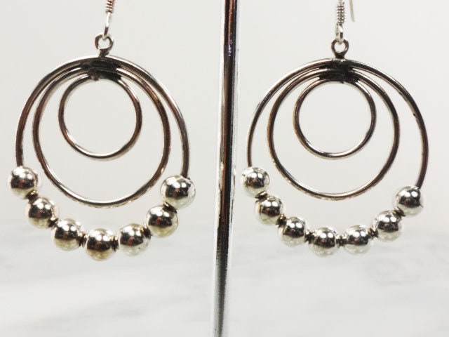 Vintage Sterling Silver Beaded Triple Hoop Dangle Earrings