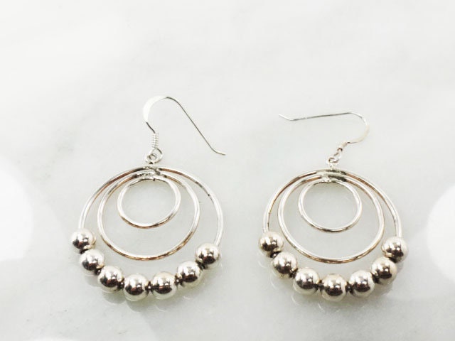 Vintage Sterling Silver Beaded Triple Hoop Dangle Earrings