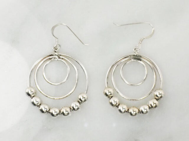 Vintage Sterling Silver Beaded Triple Hoop Dangle Earrings
