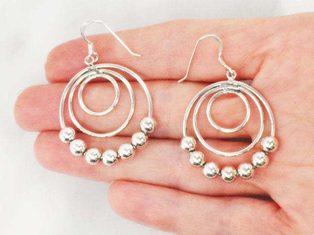 Vintage Sterling Silver Beaded Triple Hoop Dangle Earrings