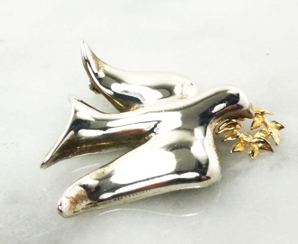 Vintage Sterling Silver 14k Gold Peace Dove Pin - BA Ballou Bird Brooch