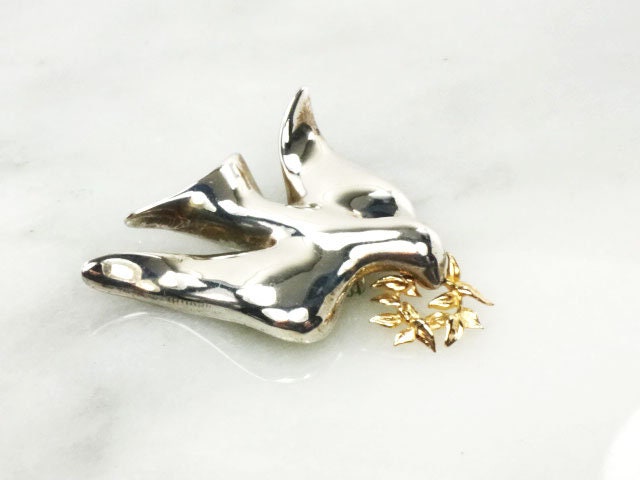 Vintage Sterling Silver 14k Gold Peace Dove Pin - BA Ballou Bird Brooch