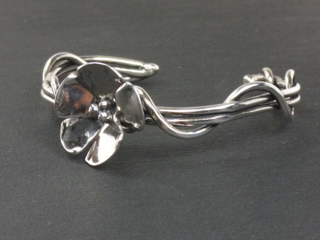 Vintage Sterling Silver Floral Cuff Bracelet Signed Dogwood Flower Twist Bracelet