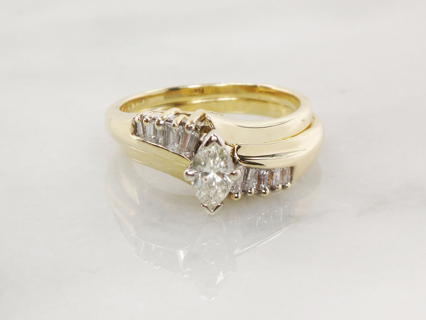 Vintage 14k Gold Marquise Diamond Wedding Ring Set, Size 6.25