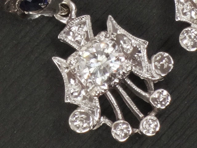 Vintage 14k White Gold Natural Diamond and Blue Sapphire Earrings Art Deco Dangle Earrings