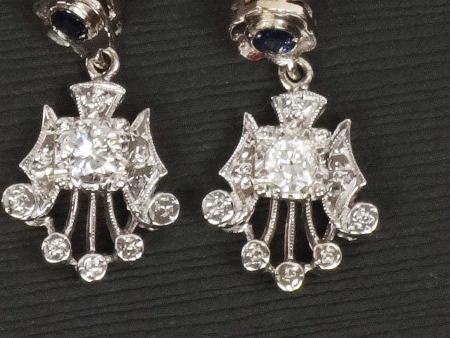Vintage 14k White Gold Natural Diamond and Blue Sapphire Earrings Art Deco Dangle Earrings