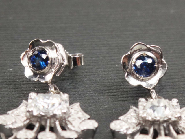 Vintage 14k White Gold Natural Diamond and Blue Sapphire Earrings Art Deco Dangle Earrings