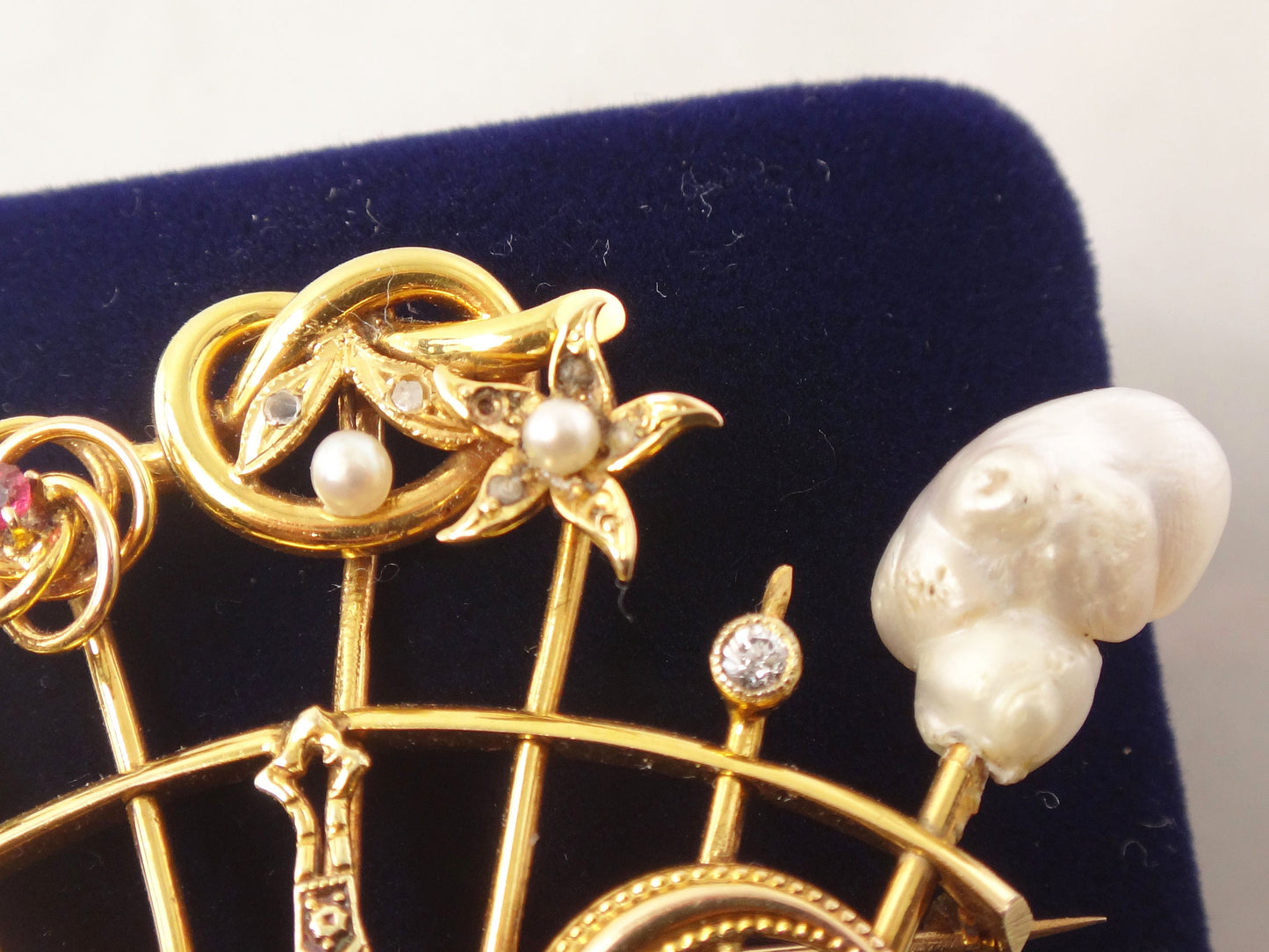 Vintage 14k Yellow Gold Stickpin Brooch Pin with Diamonds Pearls Enamel Moons Stars Sword Clover Love Knot Flower