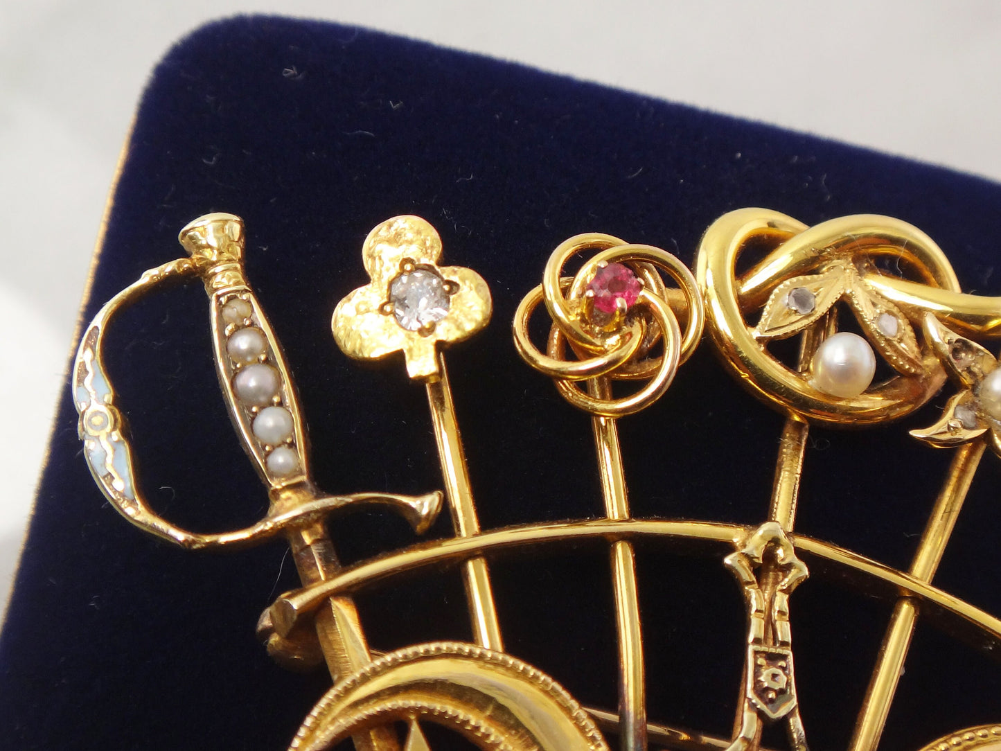 Vintage 14k Yellow Gold Stickpin Brooch Pin with Diamonds Pearls Enamel Moons Stars Sword Clover Love Knot Flower